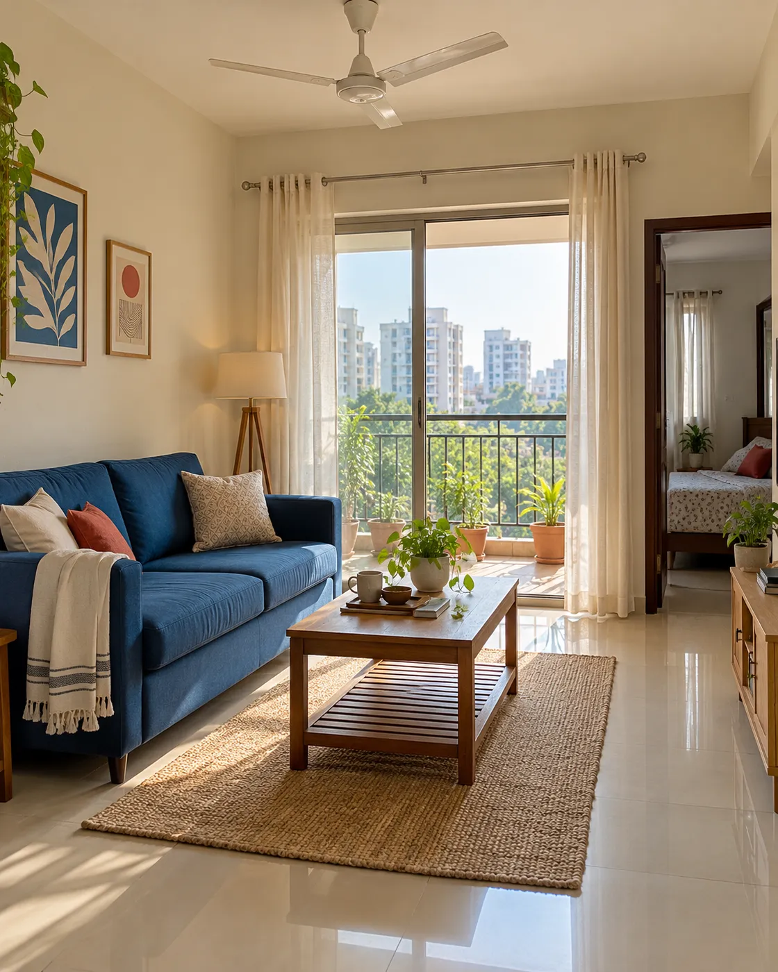 Sample apartment living room with a sofa and balcony