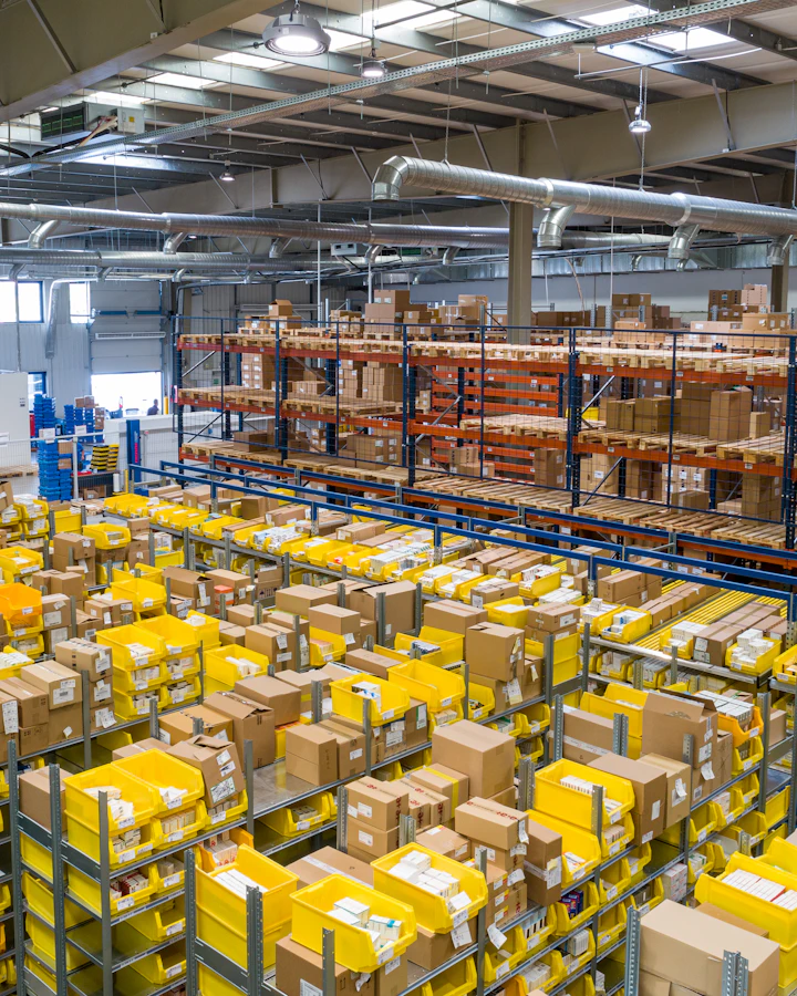 Sample warehouse with storage racks and packing stations